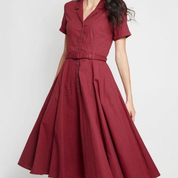 Modcloth Dresses & Skirts - Modcloth x Collectif Burgundy Cherished Era Belted Shirt Dress XL/UK16